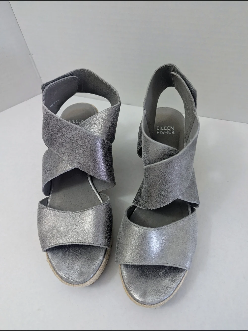 Eileen Fisher Willow Leather Metallic Gray Platform Sandal Open Toe Size 8.5 US